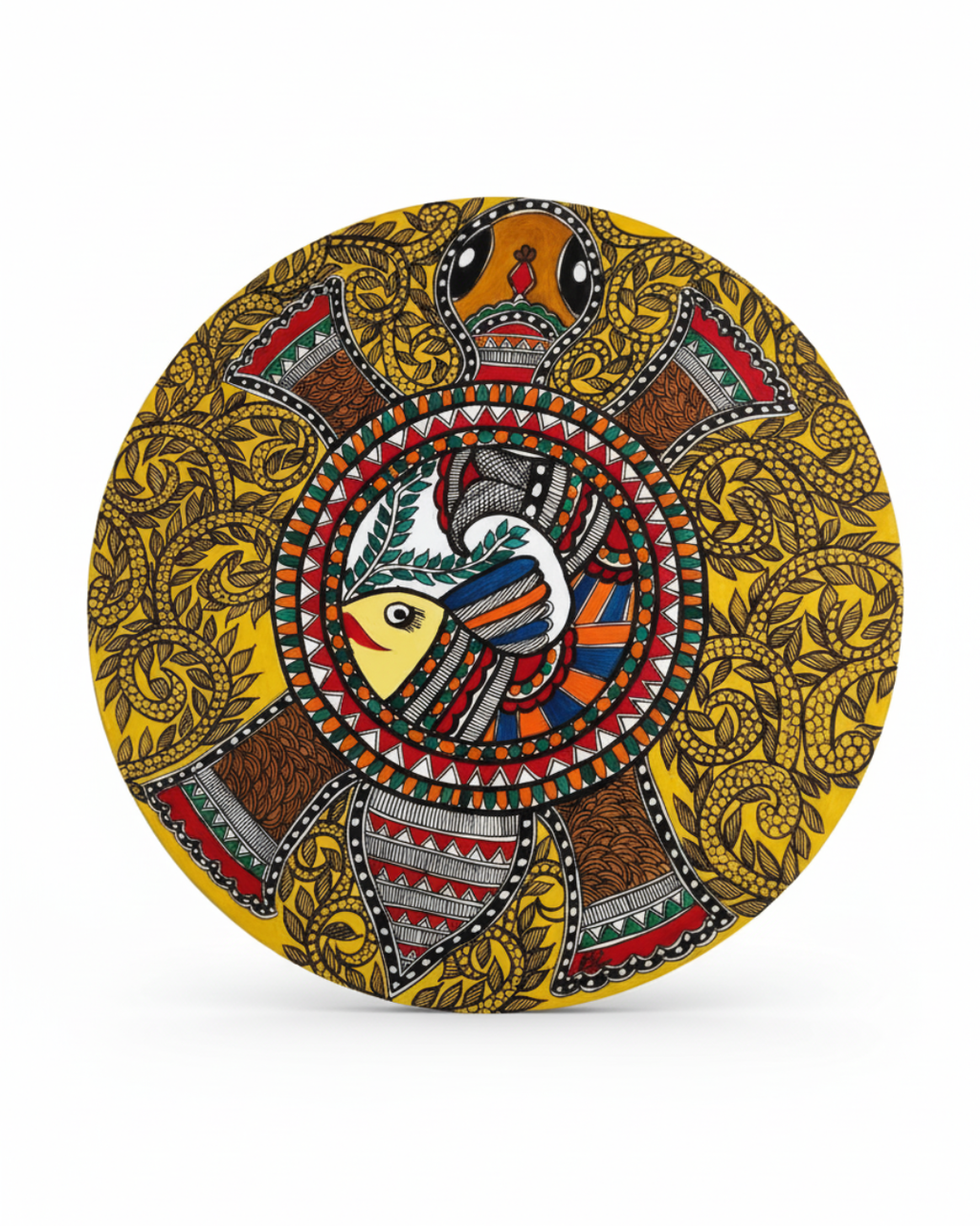 Kurma (Tortoise) with Fish & Floral motifs Madhubani Wall Art | 14 Inch MDF Board