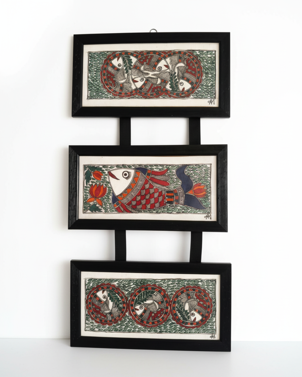 Fish Raas Madhubani Triple Frame Wall Hanging – Handmade Decor