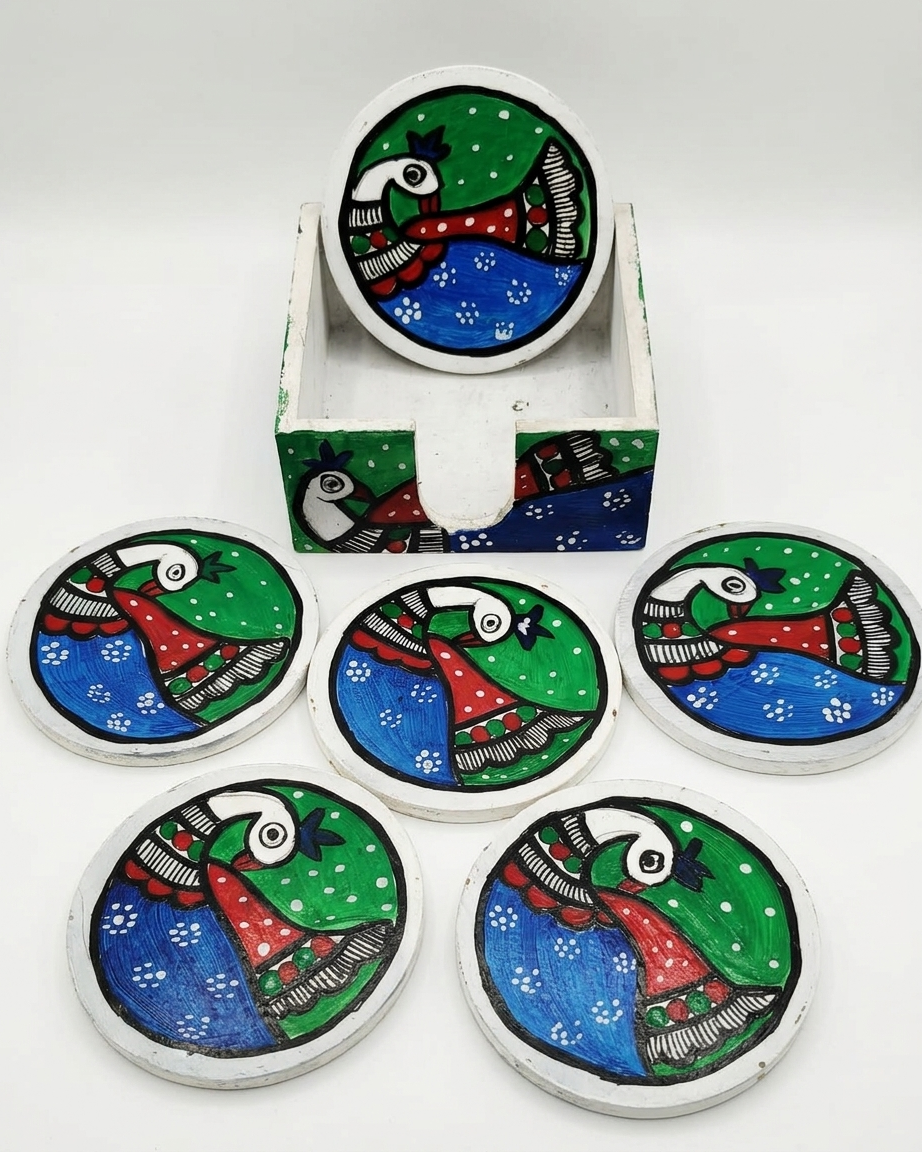 Handmade Peacock Design Coaster Set with Stand | Madhubani Painting Tea Coasters Set of 6