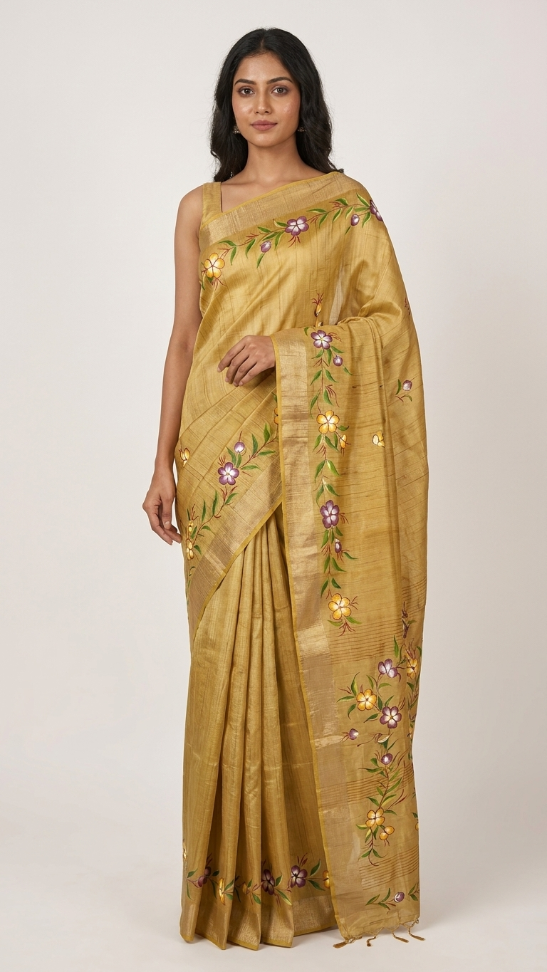 Golden Beige Floral Handmade Madhubani Painting  Saree with Blouse