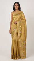 Golden Beige Floral Handmade Madhubani Painting  Saree with Blouse