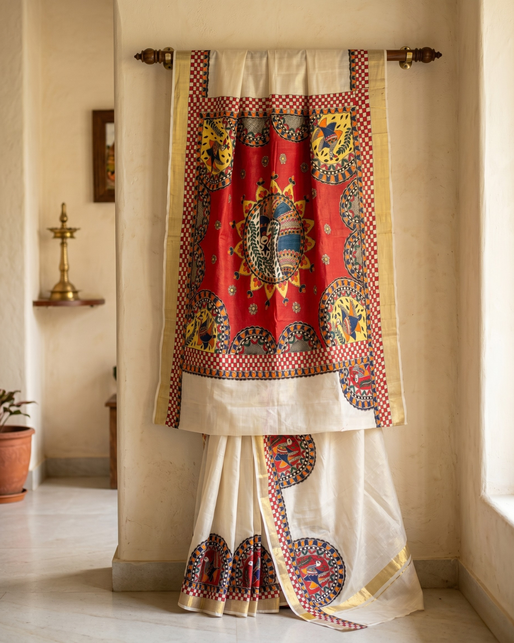Handmade Madhubani Painting Kerala Cotton Saree with Blouse | Ethnic Saree