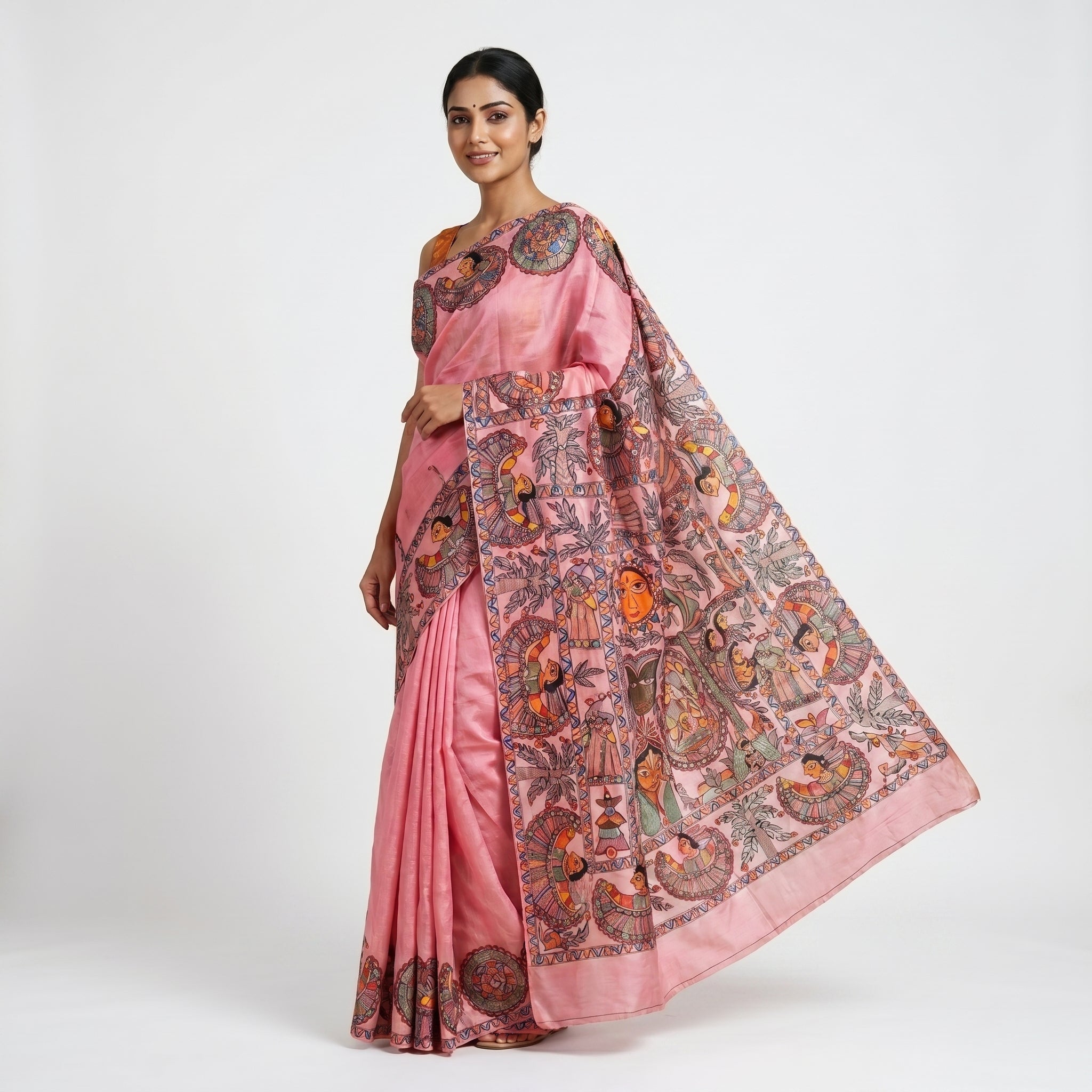 Baby Pink Handmade Madhubani Painting Saree with Blouse