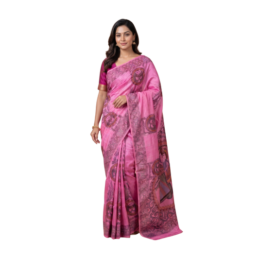 Rani Pink Handmade Madhubani Painting Saree for Women