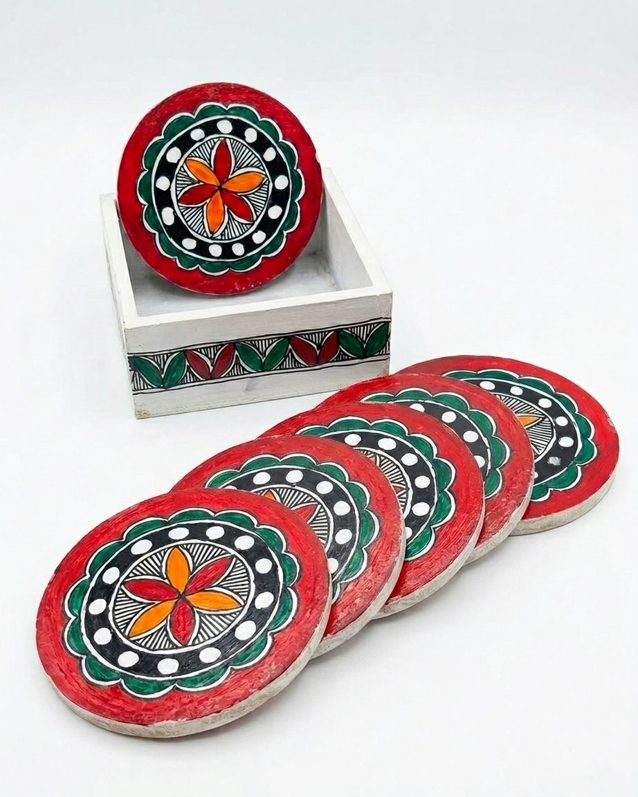 Handmade Rangoli Design Coaster Set Madhubani Painting with Stand | Set of 6 Tea Coasters