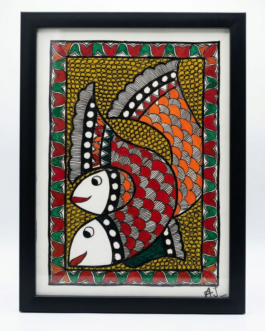 Fish Madhubani Painting Framed A4 –  Wall Art Decor