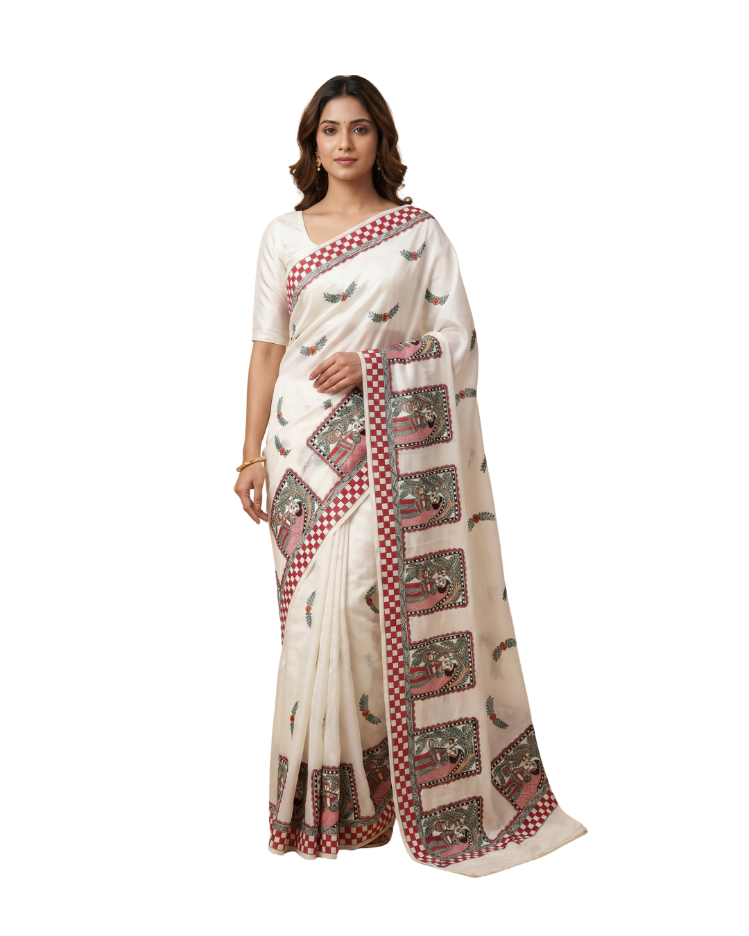 White Handmade Madhubani Painting Saree with Blouse