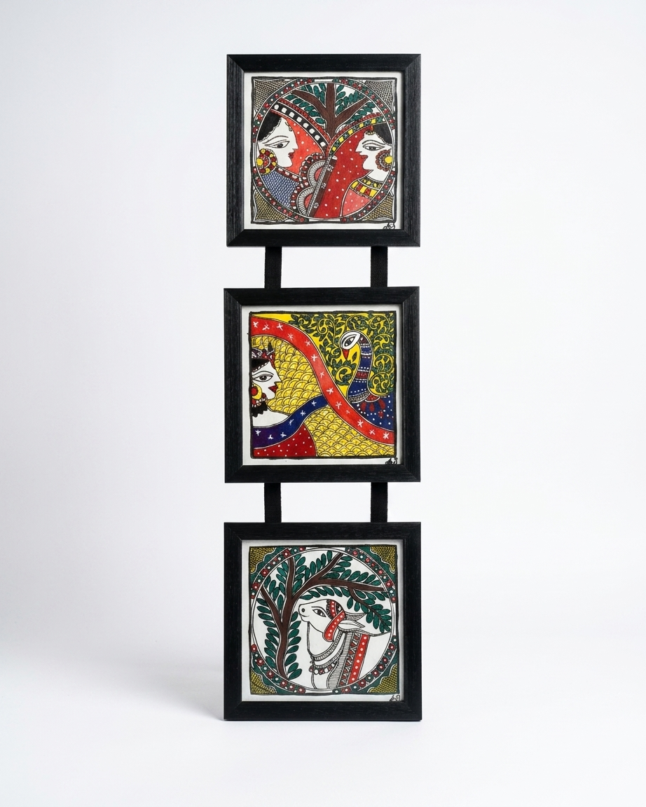 Handmade Krishna & Radha Madhubani Painting Triple Frame Wall Hanging – Traditional Mithila Art Decor