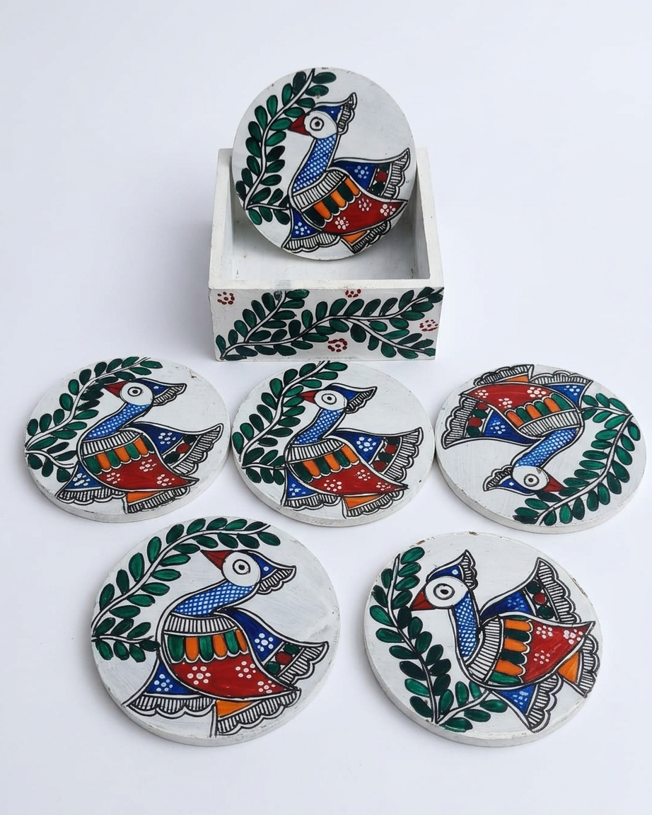 Handmade Peacock Design Coaster Set Madhubani Painting with Stand | Set of 6 Tea Coasters