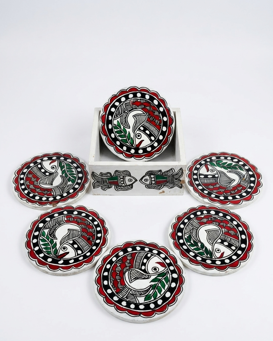 Handmade Fish Design Madhubani Coaster Set with Stand | Tea Coasters Set of 6
