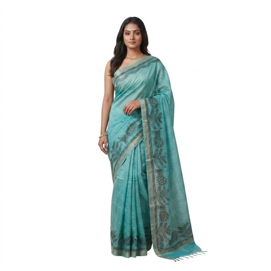 Turquoise Blue Handmade Madhubani Painting Saree