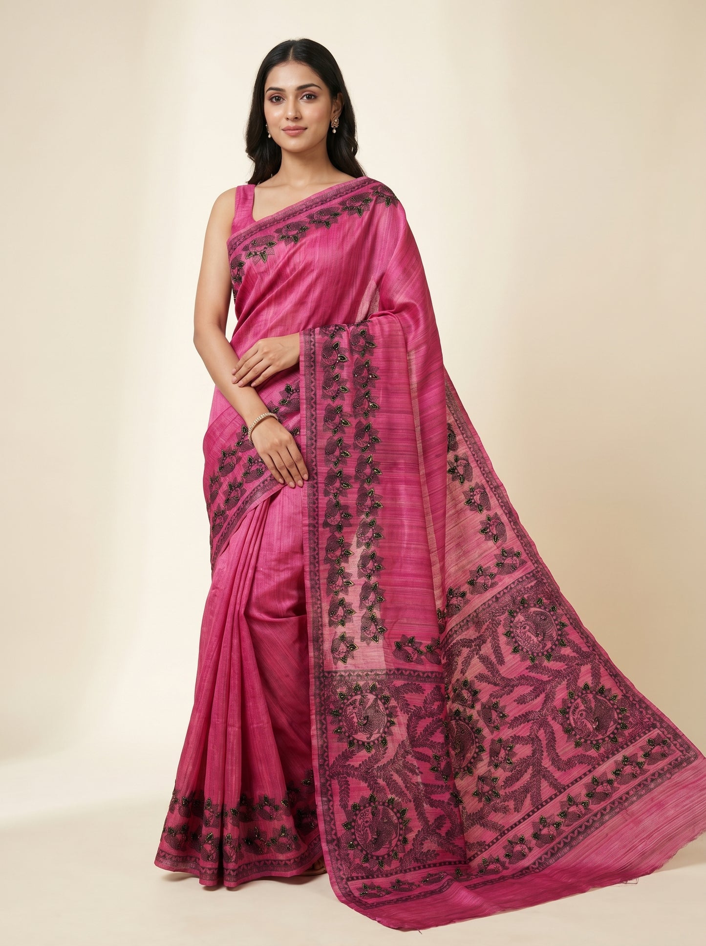 Rani Pink Handmade Madhubani Painting Saree for Women
