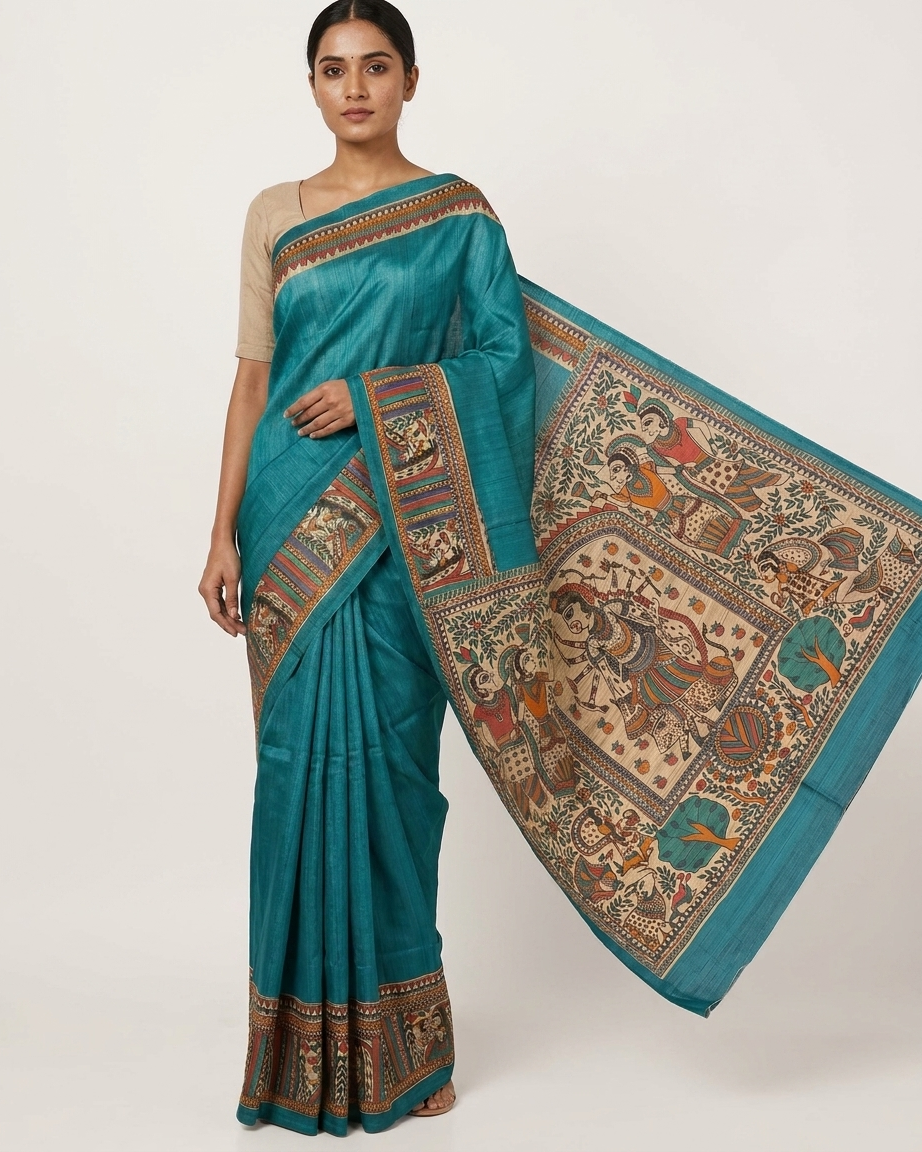Traditional Bright Blue Handmade Madhubani Painting Saree with Blouse