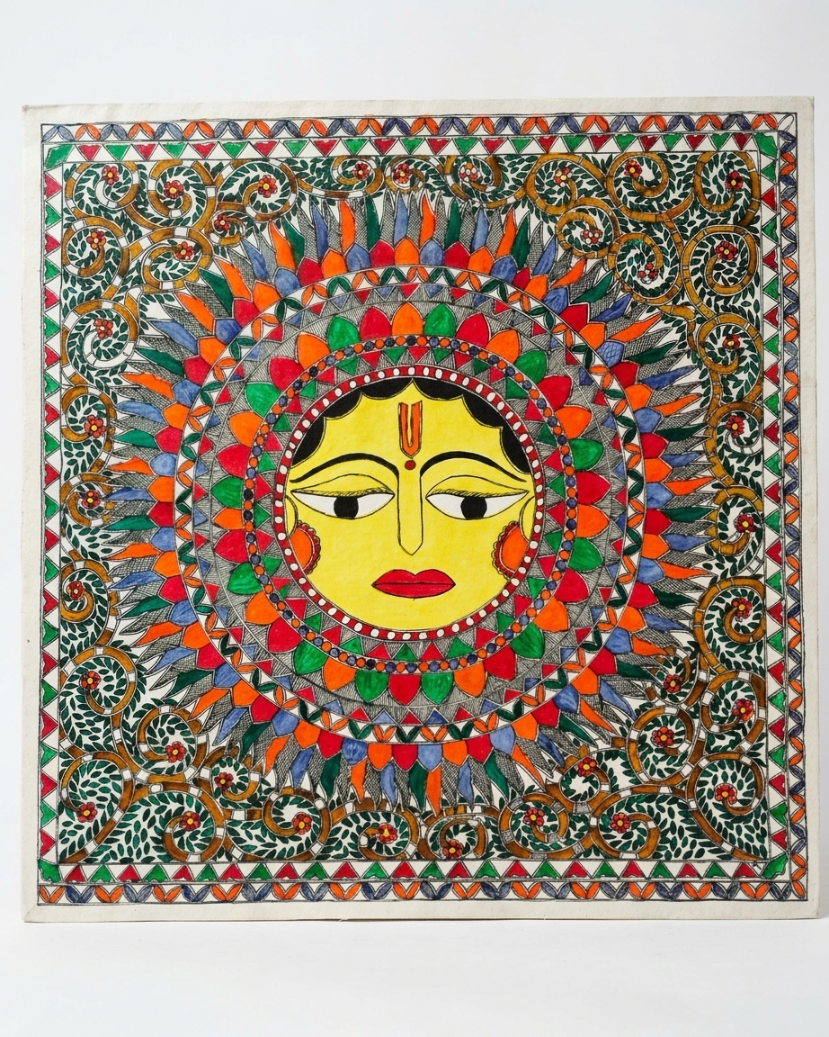 Lord Sun Madhubani Painting - Handmade Traditional Wall Art