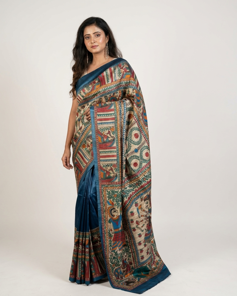 Blue Handmade Madhubani Painting  Saree with Blouse