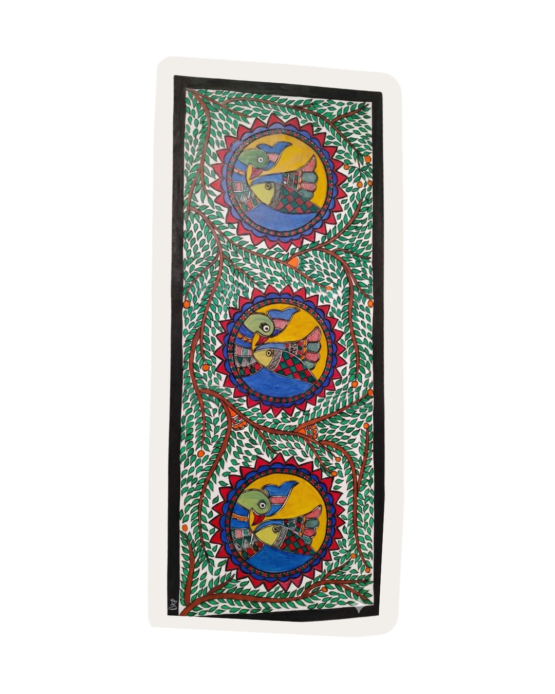 Peacocks and Fish Madhubani Painting on Handmade Paper (11x28 Inch) – Traditional Mithila Folk Art Wall Decor