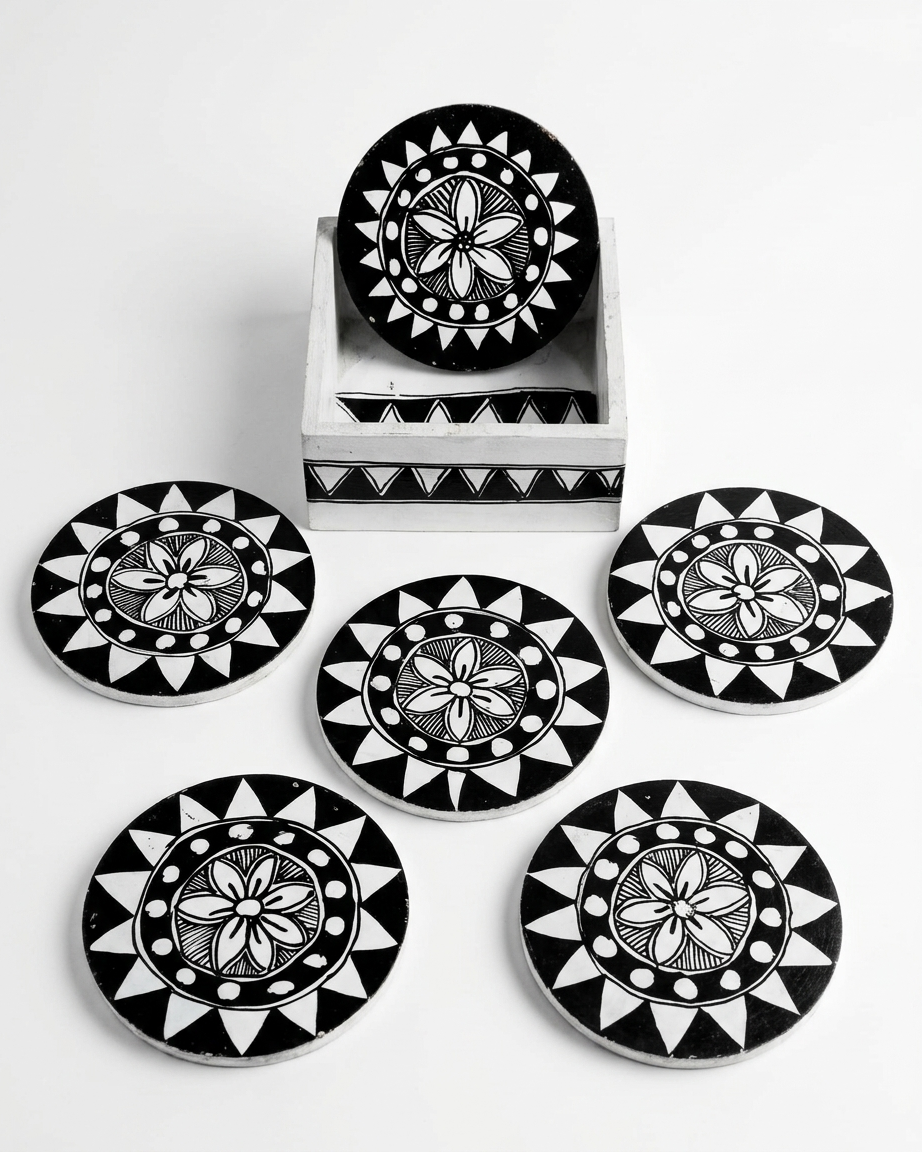 Handmade Rangoli Design Madhubani Coaster Set with Stand |  Tea Coasters (Set of 6)