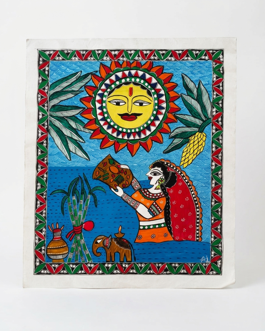Chhath Puja Madhubani Painting – Handmade Traditional Indian Wall Art