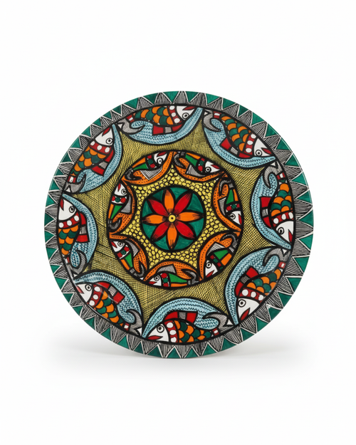 Fish & Lotus Mandala Madhubani Wall Art | 12 Inch MDF Board