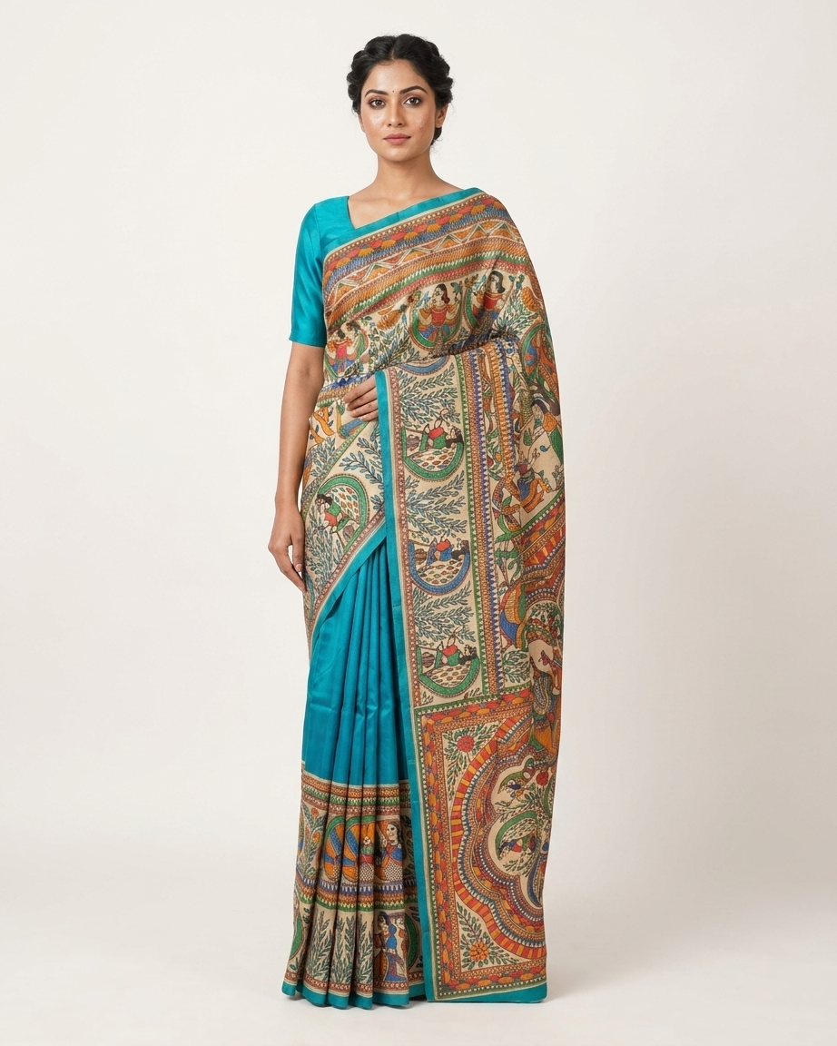 Bright Blue Handmade Madhubani Painting  Saree with Blouse