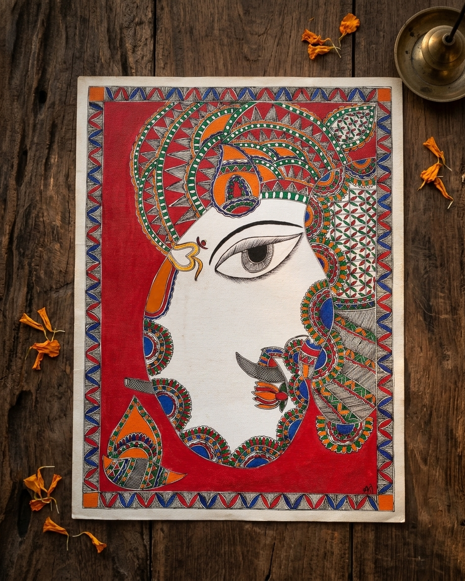 Ganesha Madhubani Painting Handmade Paper Wall Art Without Frame
