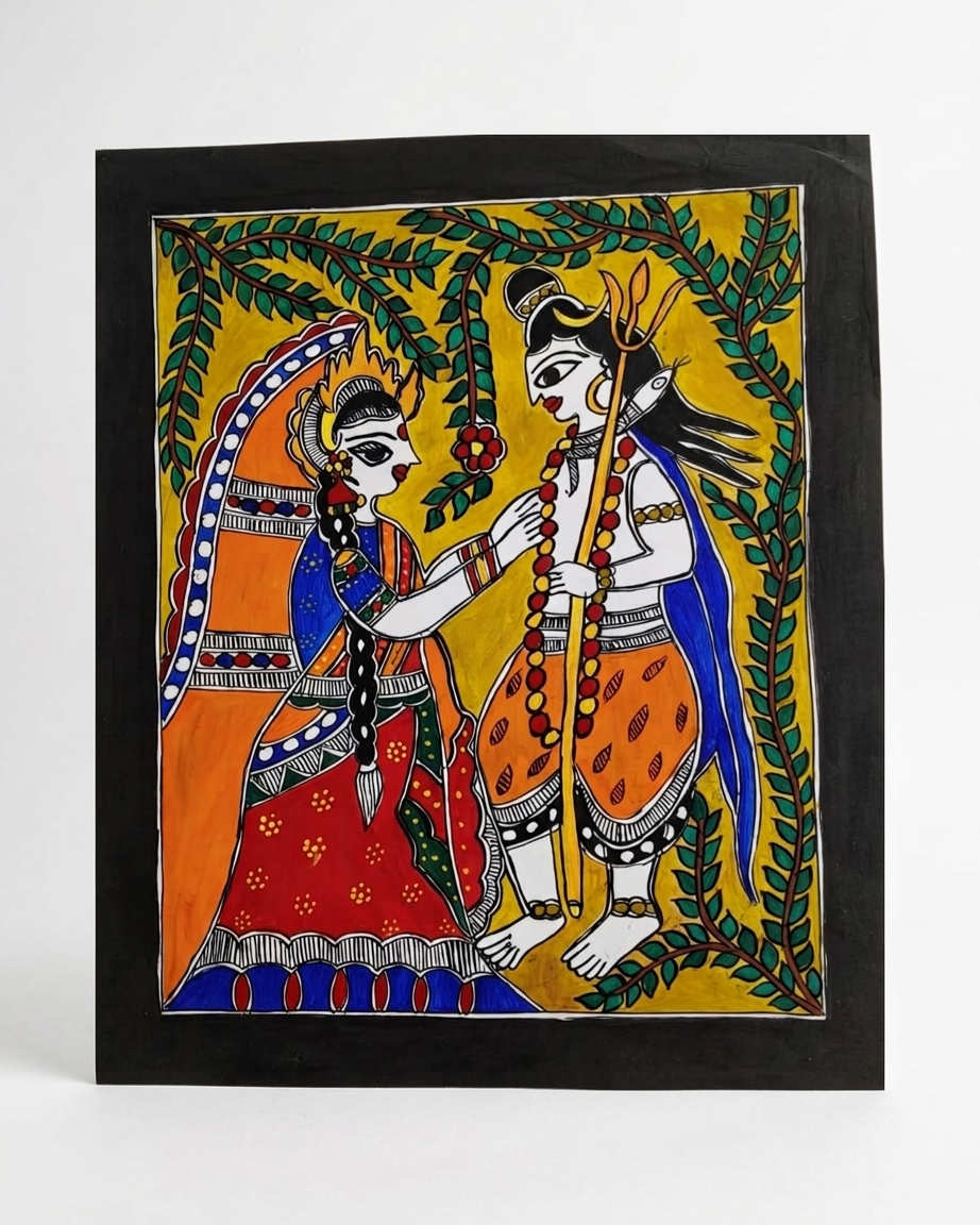 Shiv Parvati Madhubani Painting Handmade Paper Wall Art Without Frame