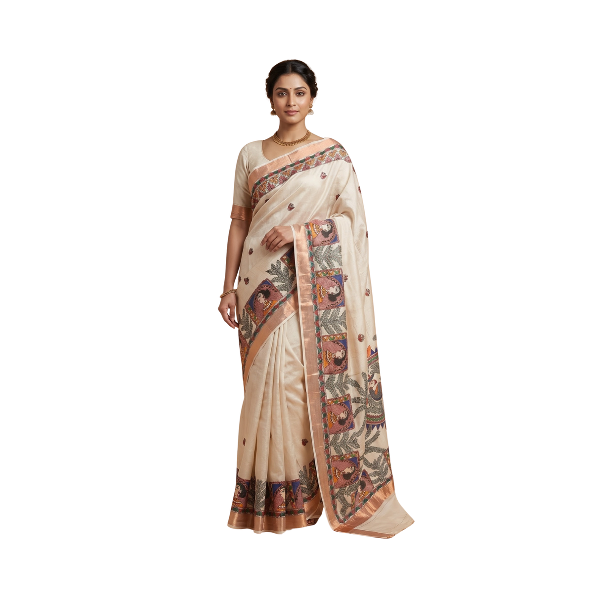 Light Beige Handmade Madhubani Painting Saree