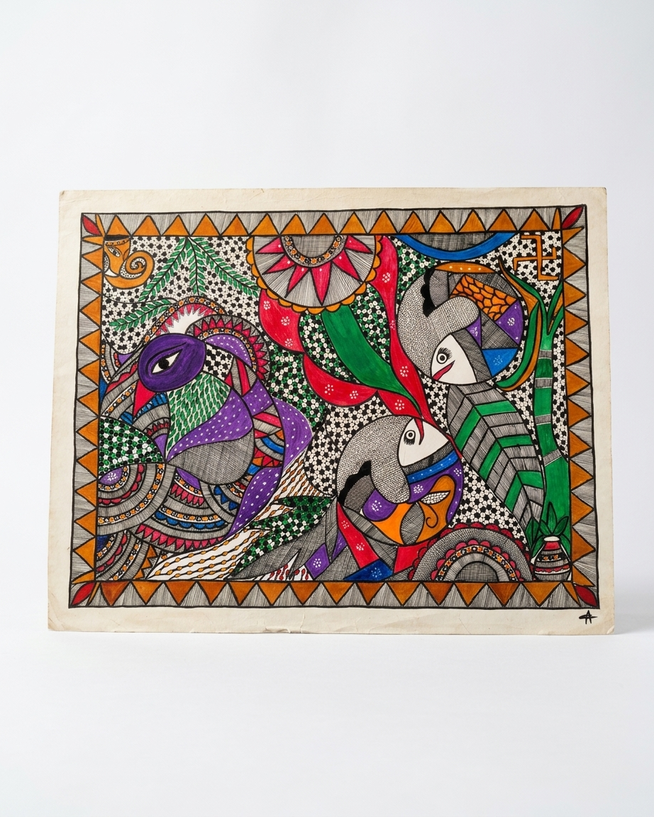 Fish and Peacock Madhubani Painting Handmade Paper Wall Art Without Frame