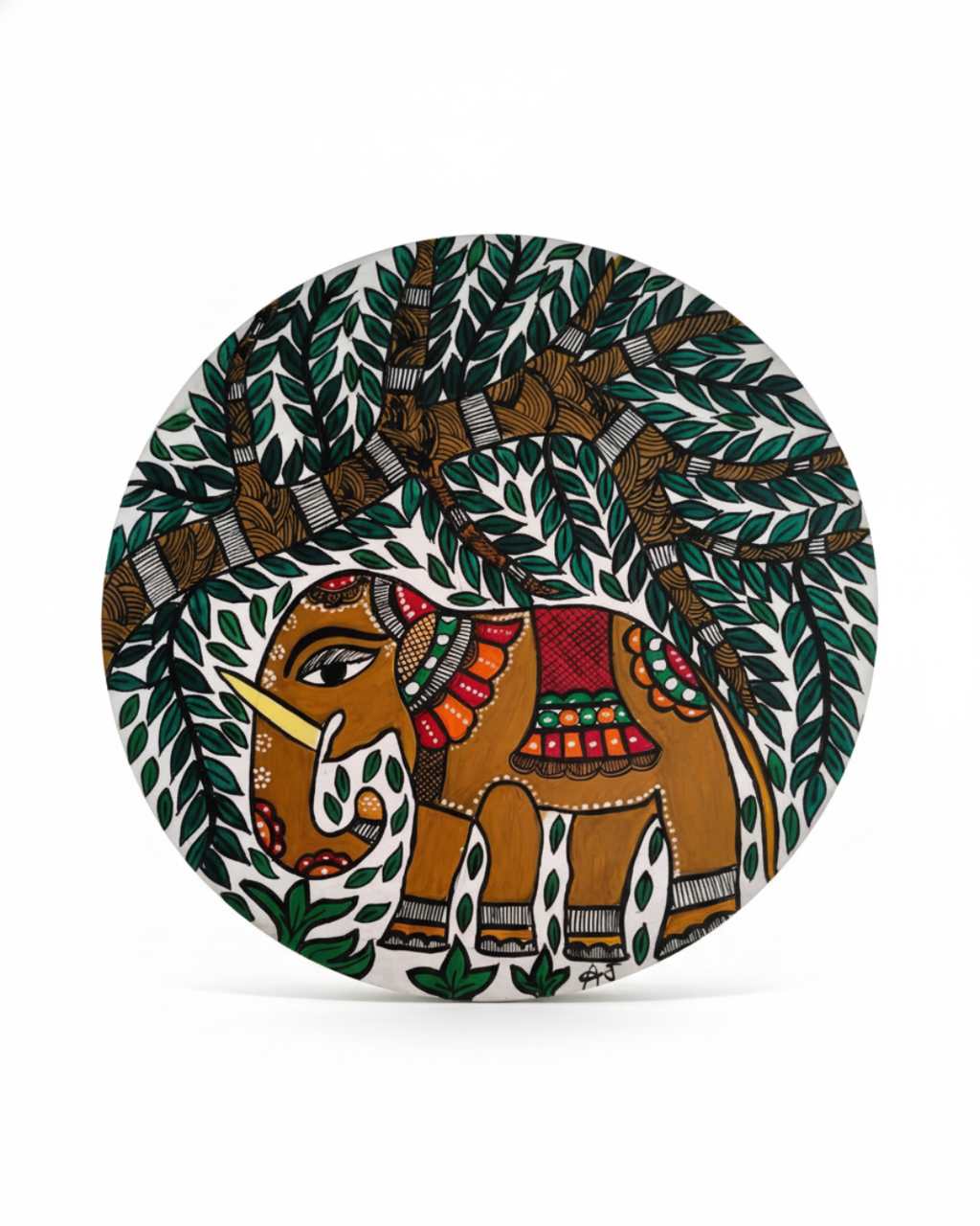 Royal Elephant & Sacred Tree Madhubani Wall Art | 12 Inch MDF Board