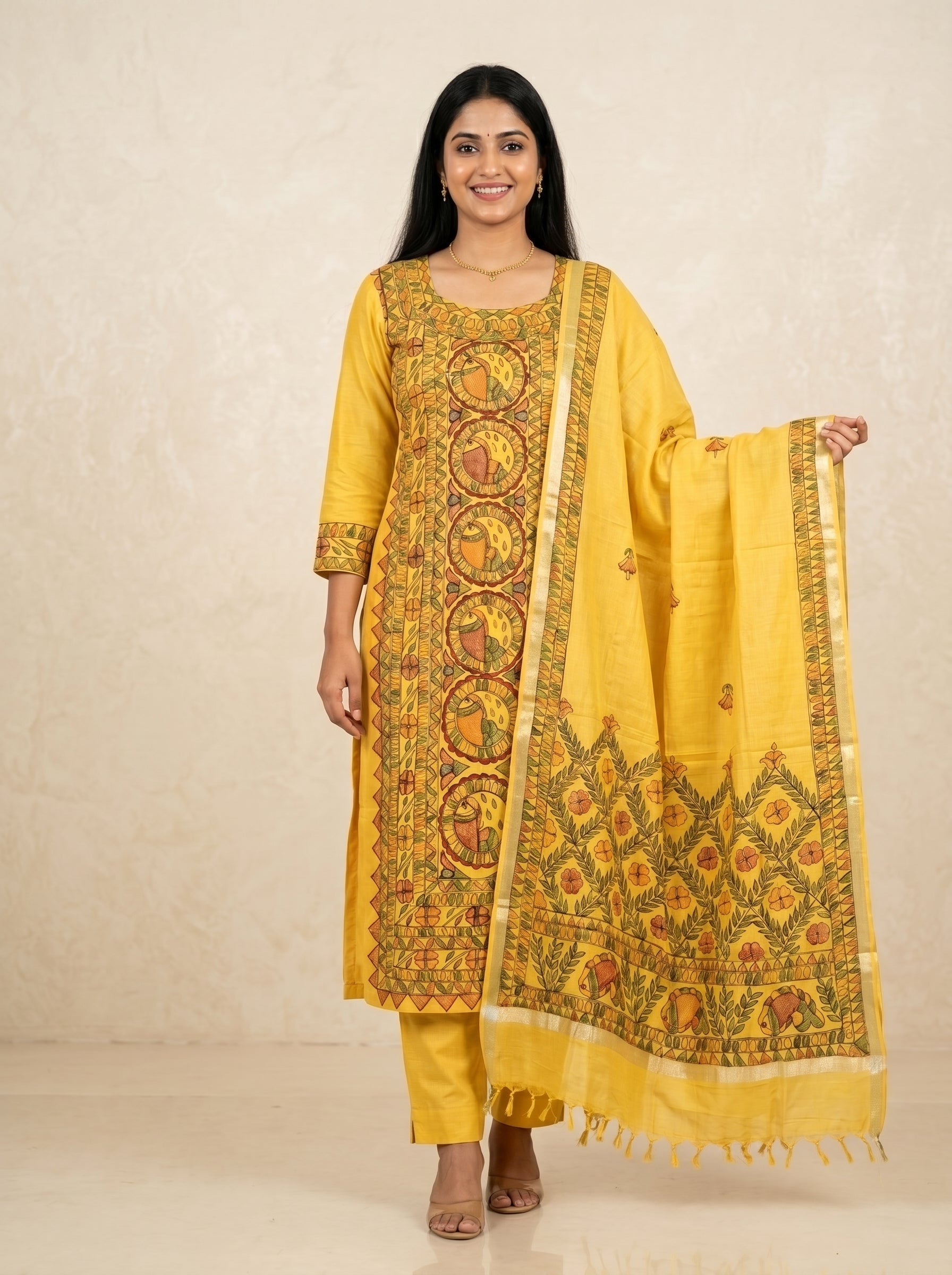 Hand-Painted Madhubani Unstitched Kurti Palazzo & Dupatta Set | Handmade Ethnic Dress