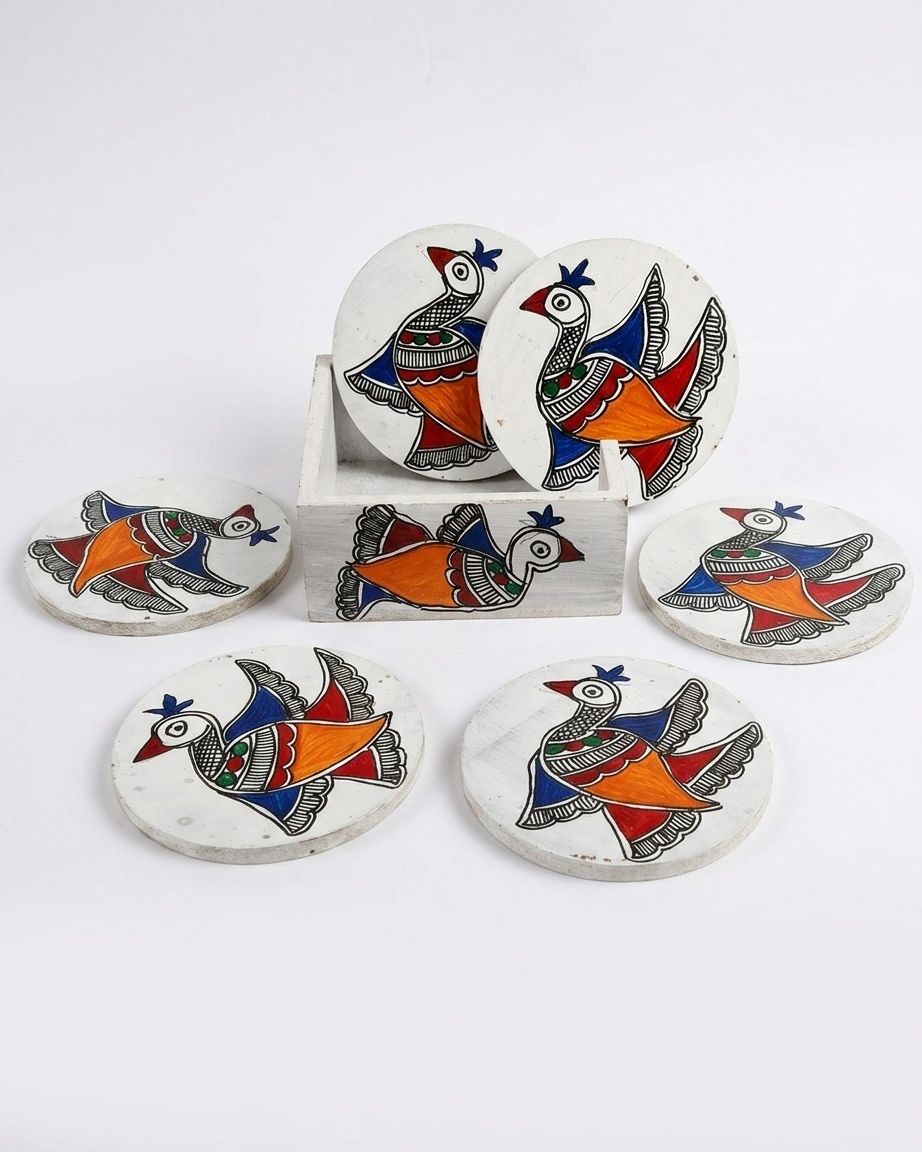 Handmade Peacock Design Madhubani Coaster Set with Stand | Tea Coasters Set of 6