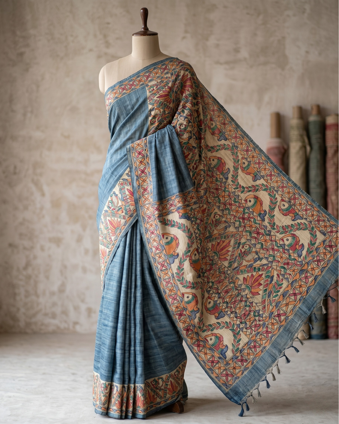 Handmade Madhubani Painting Saree with Blouse | Hand-Painted Ethnic Saree for Women