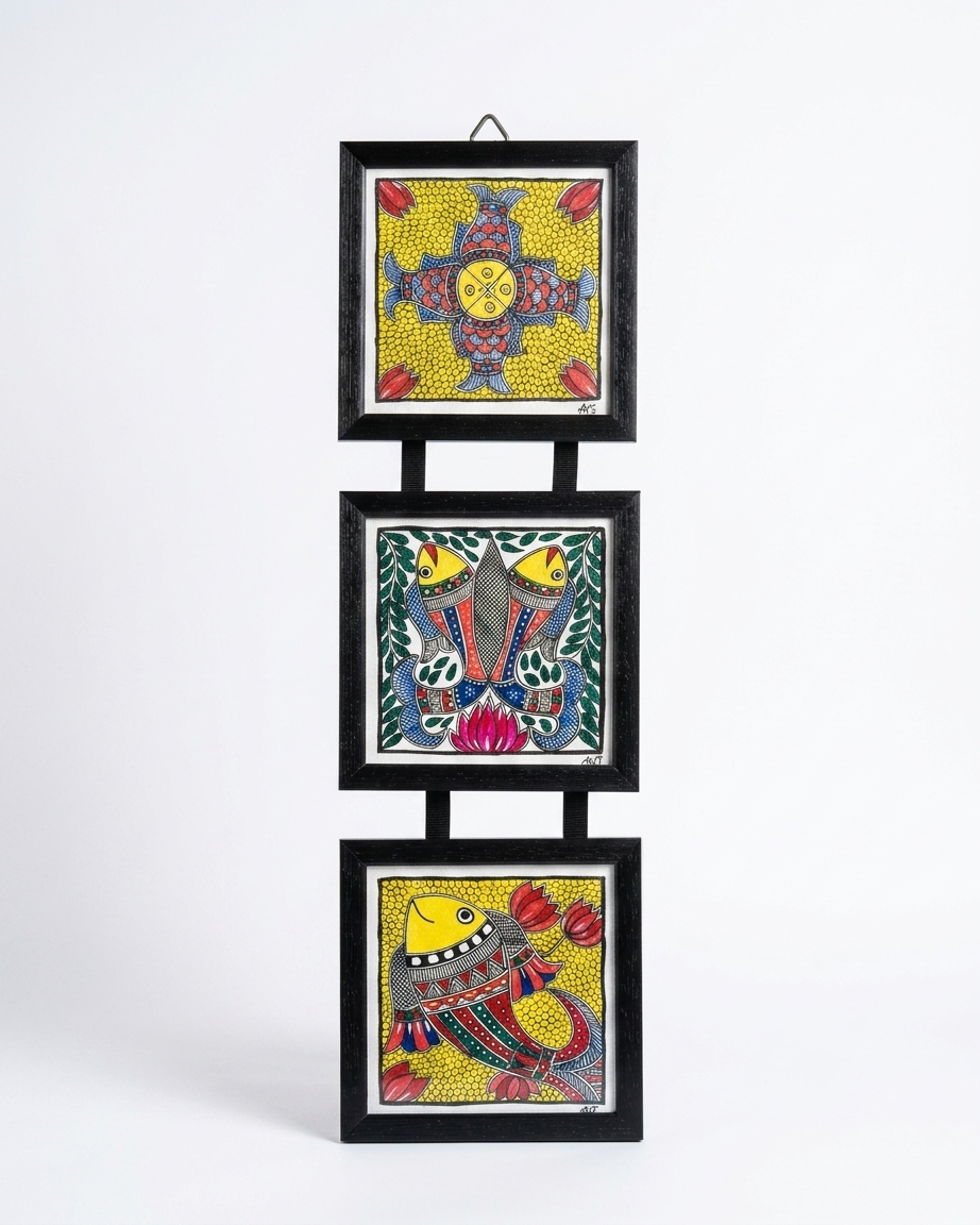 Handmade Fish Madhubani Painting Triple Frame Wall Hanging  – Traditional Mithila Art Decor
