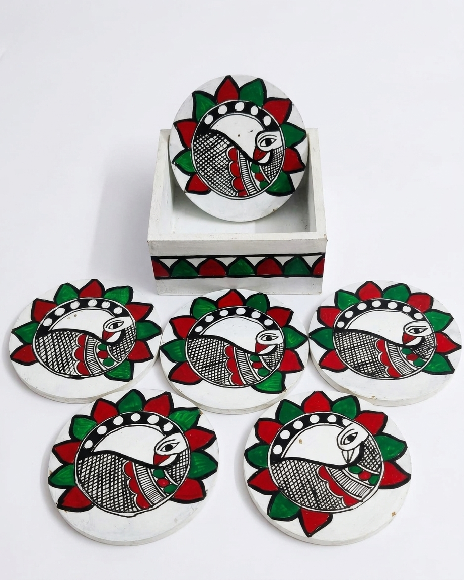 Handmade Peacock Design Madhubani Coaster Set with Stand | Set of 6 Decorative Tea Coasters