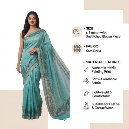 Turquoise Blue Handmade Madhubani Painting Saree