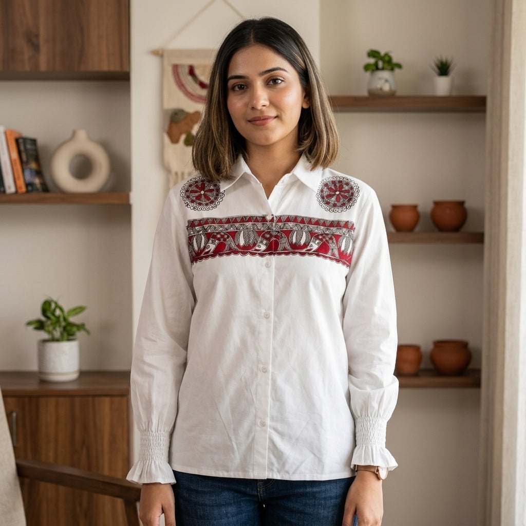Hand-Painted Madhubani Women's Shirt Folk Art Design