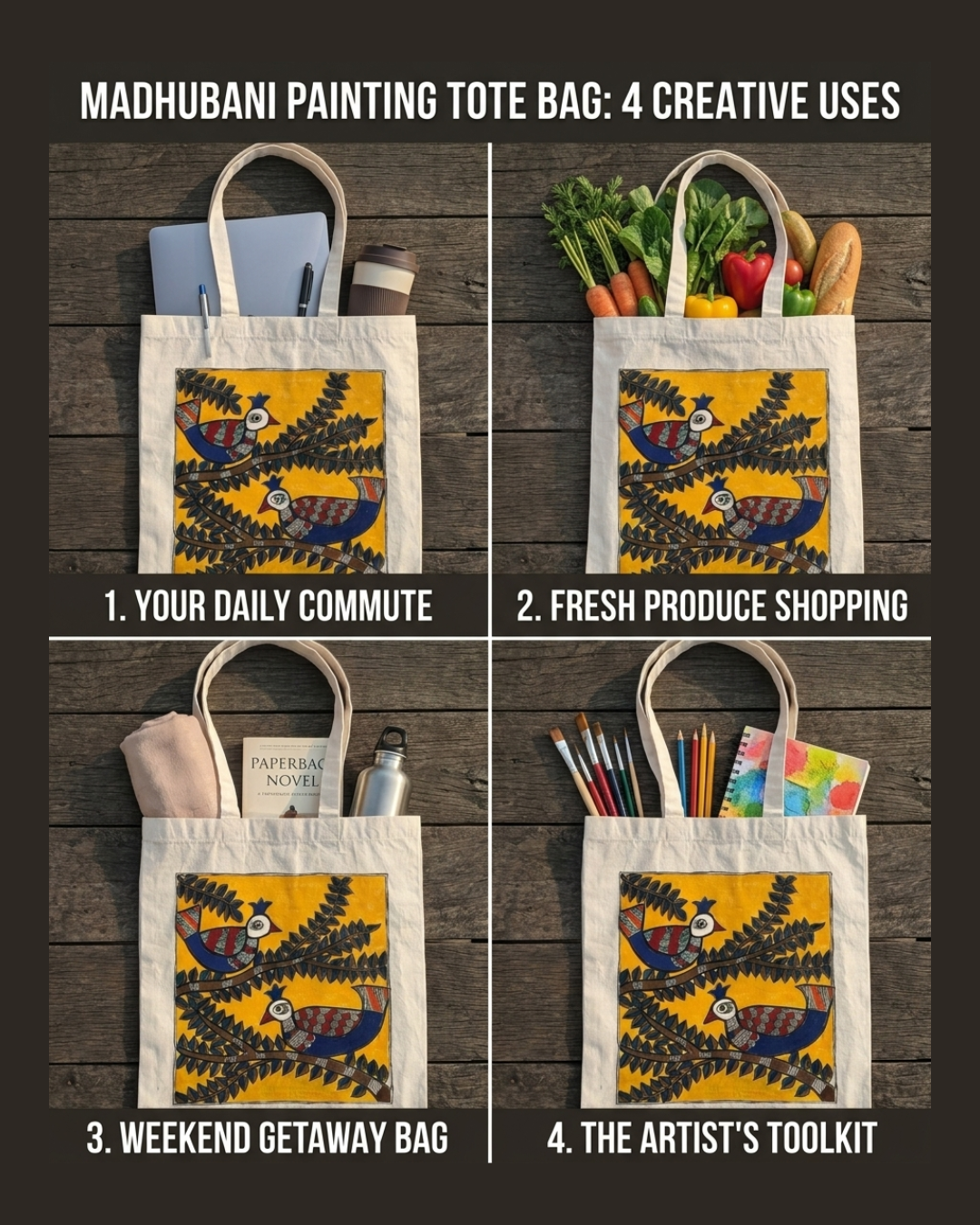 Handmade Madhubani Painting Tote Bag for Women & Daily Use