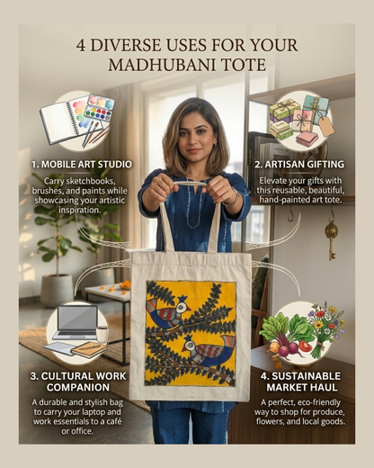 Handmade Madhubani Painting Tote Bag for Women & Daily Use