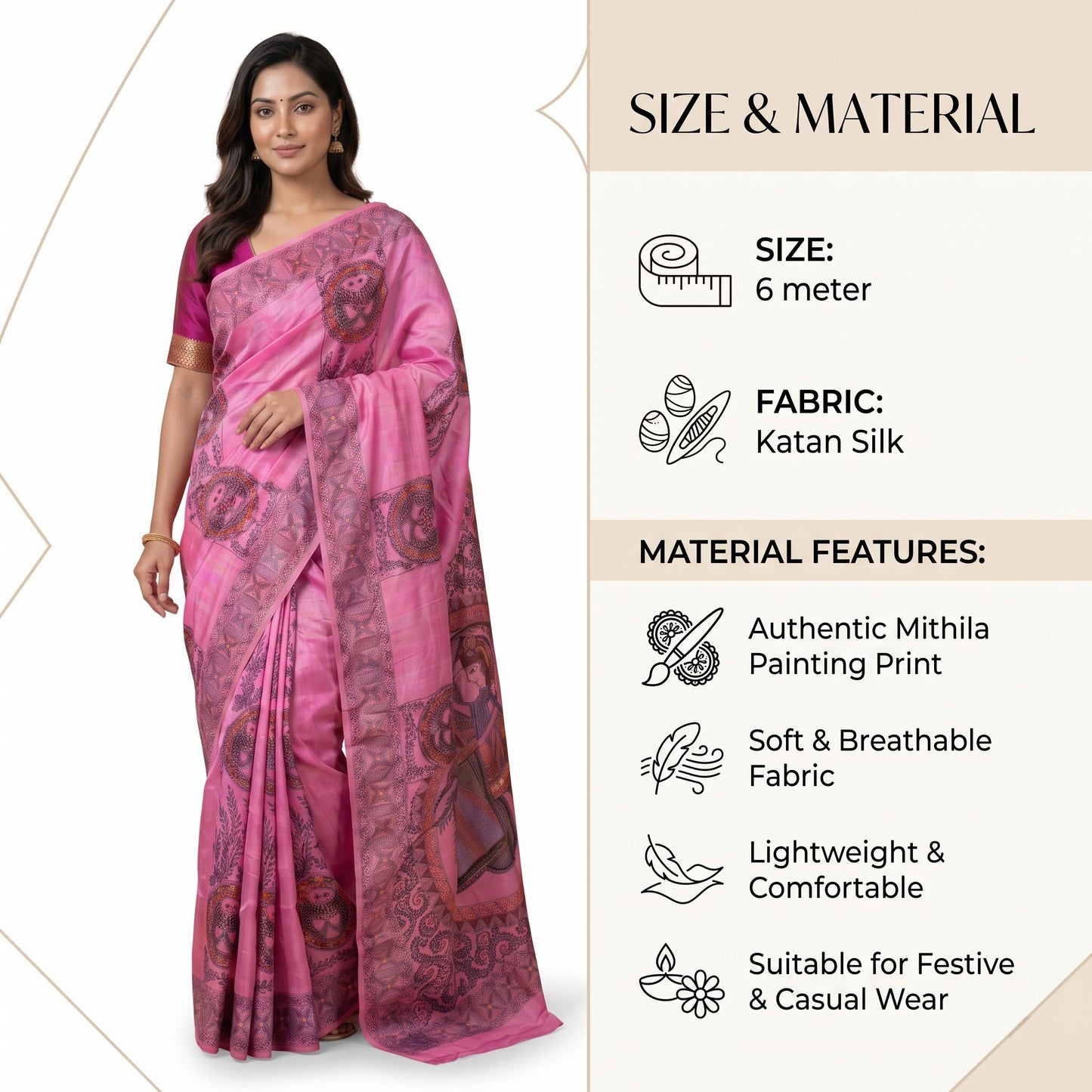 Rani Pink Handmade Madhubani Painting Saree for Women