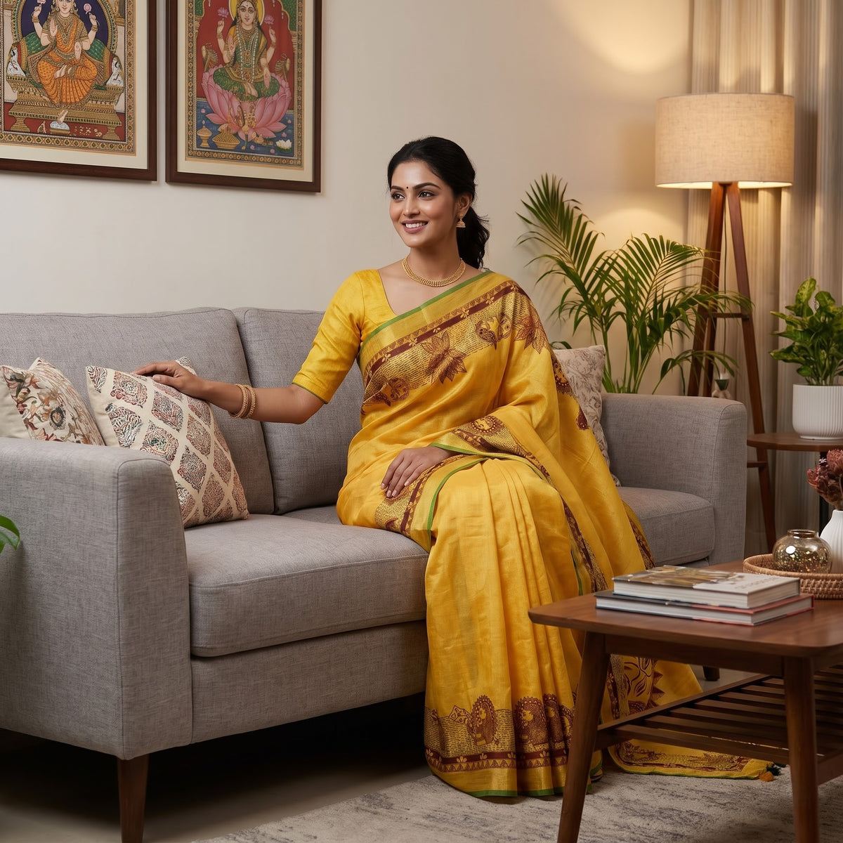 Sunshine Yellow Handmade Madhubani Painting Saree