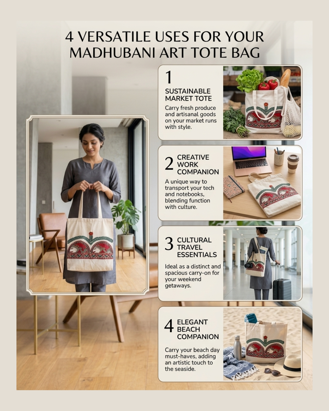 Handmade Madhubani Painting Tote Bag for Everyday Use
