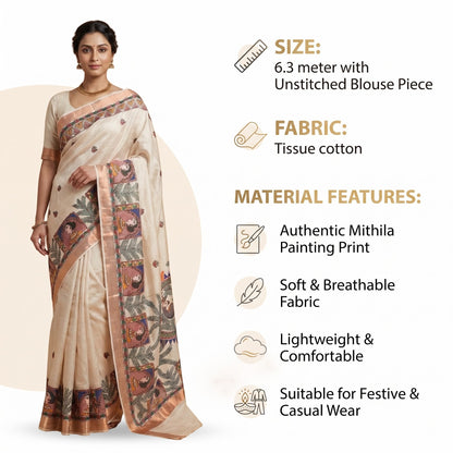 Light Beige Handmade Madhubani Painting Saree