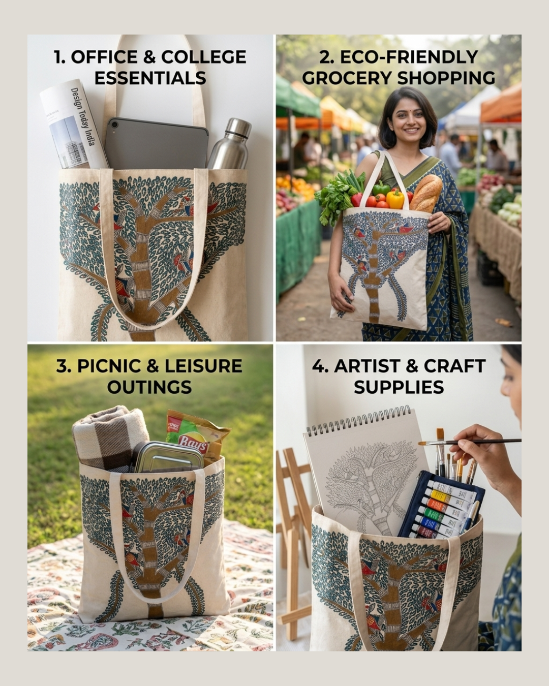 Handmade Madhubani Painting Tote Bag for Daily Lifestyle