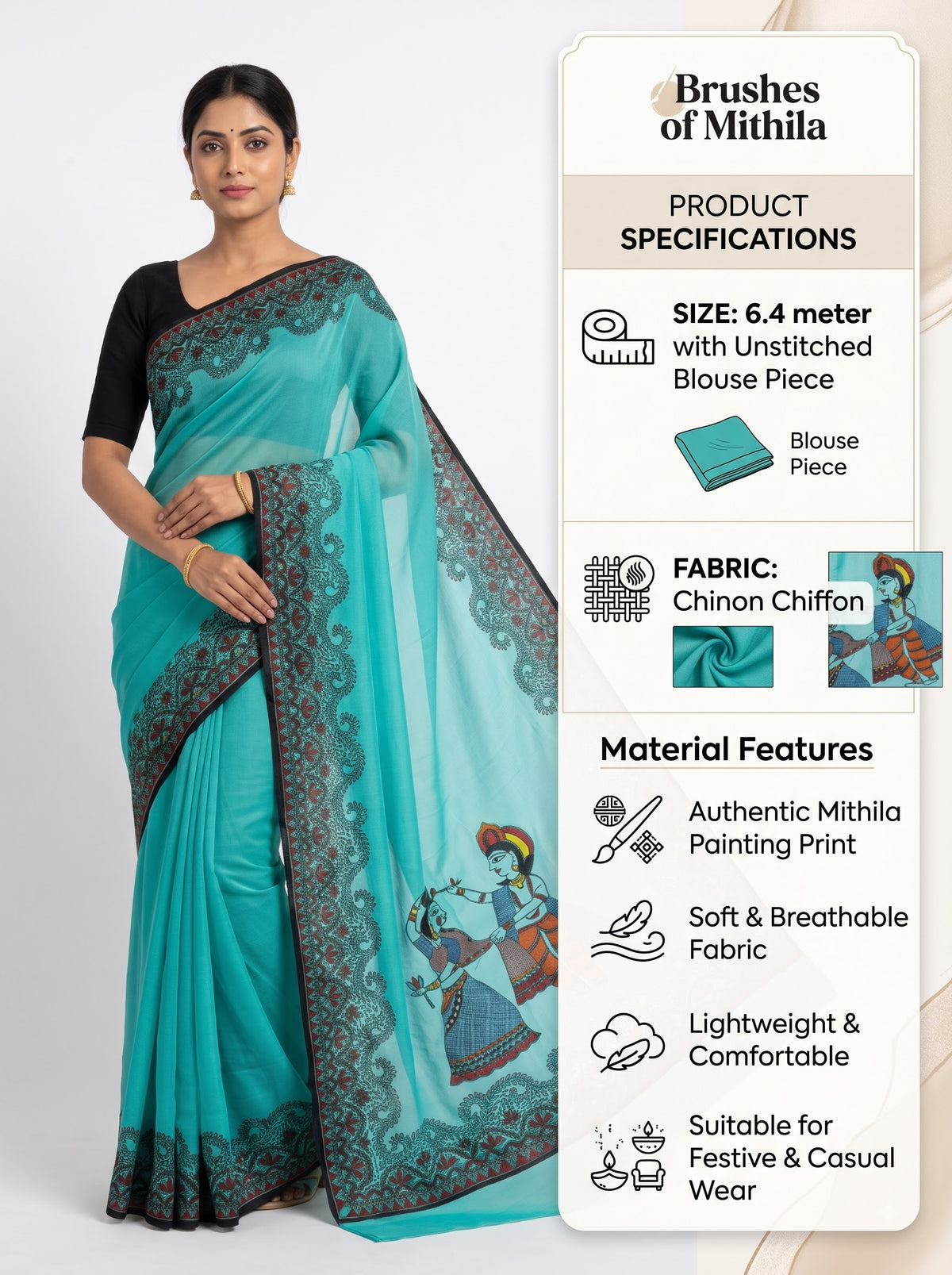 Turquoise Blue Handmade Madhubani Painting Saree