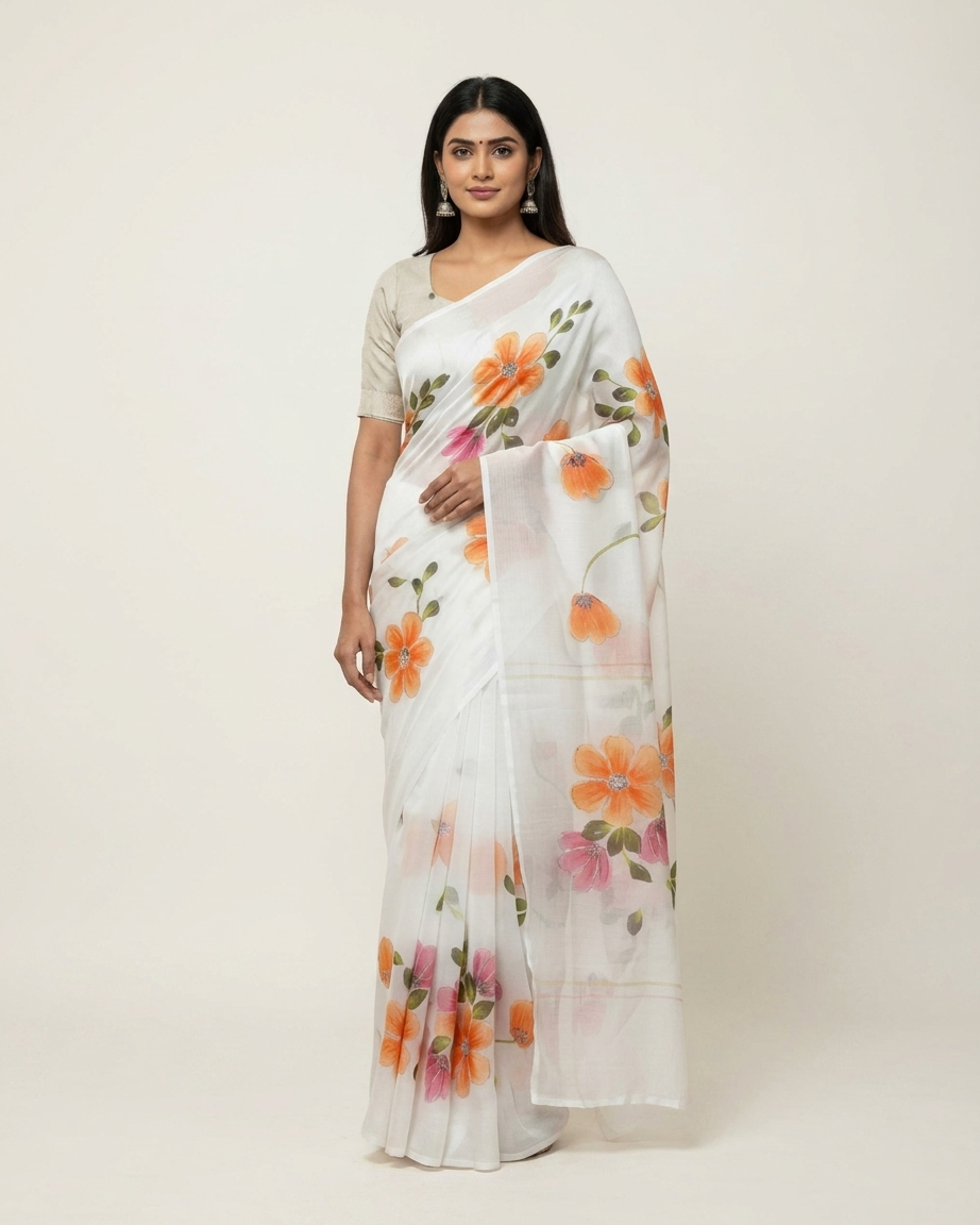 Floral Handmade Madhubani Painting Saree with Blouse  | Hand-Painted Mithila Art Saree for Women