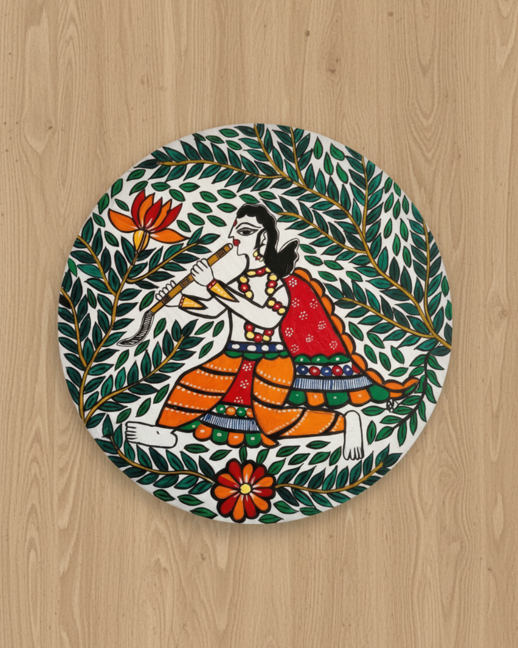 Krishna Mural Madhubani Wall Art | 12 Inch MDF Board