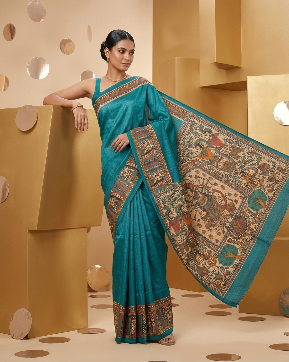Traditional Bright Blue Handmade Madhubani Painting Saree with Blouse