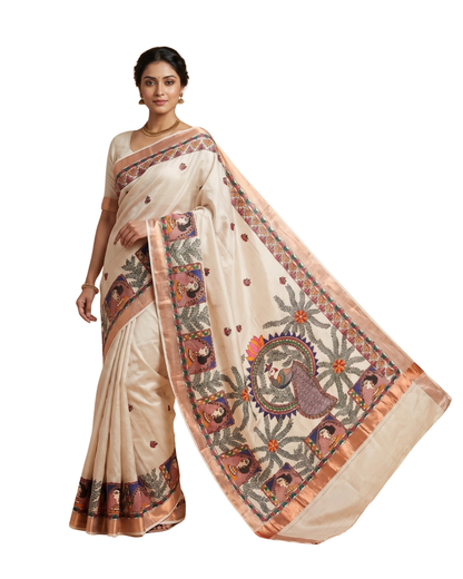 Light Beige Handmade Madhubani Painting Saree