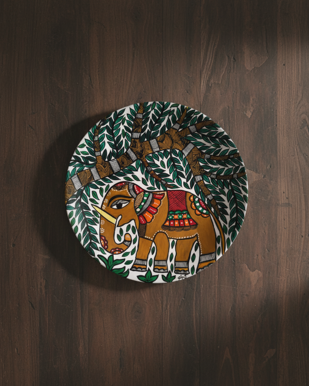 Royal Elephant & Sacred Tree Madhubani Wall Art | 12 Inch MDF Board
