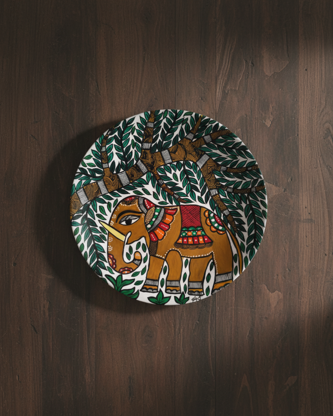Royal Elephant & Sacred Tree Madhubani Wall Art | 12 Inch MDF Board